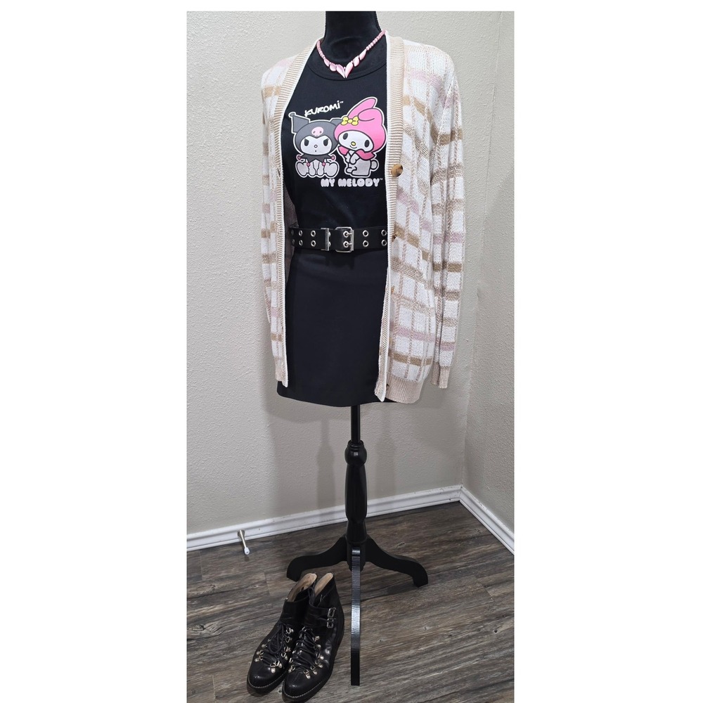 Ann Taylor Petite Plaid Cardigan Sweater XSP Cream Pink Metallic Knit Button Up